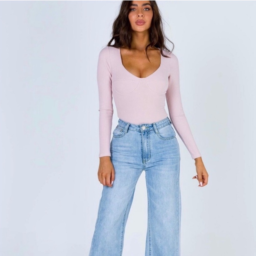 Princess Polly Blush Pink Ribbed Bustier Long Sleeve Bodysuit
